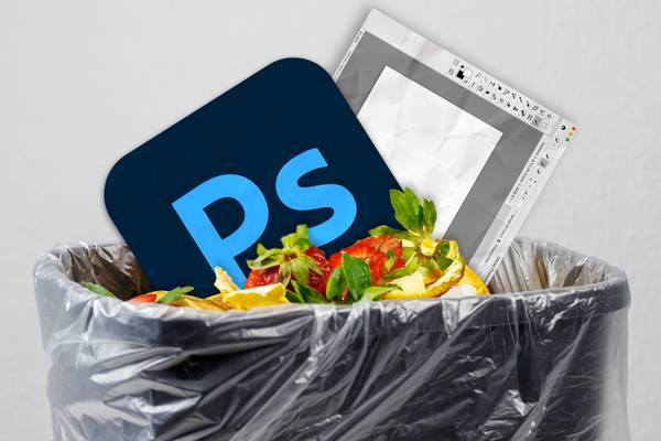 The Photoshop app icon and app window in a garbage bin with rotten fruit.