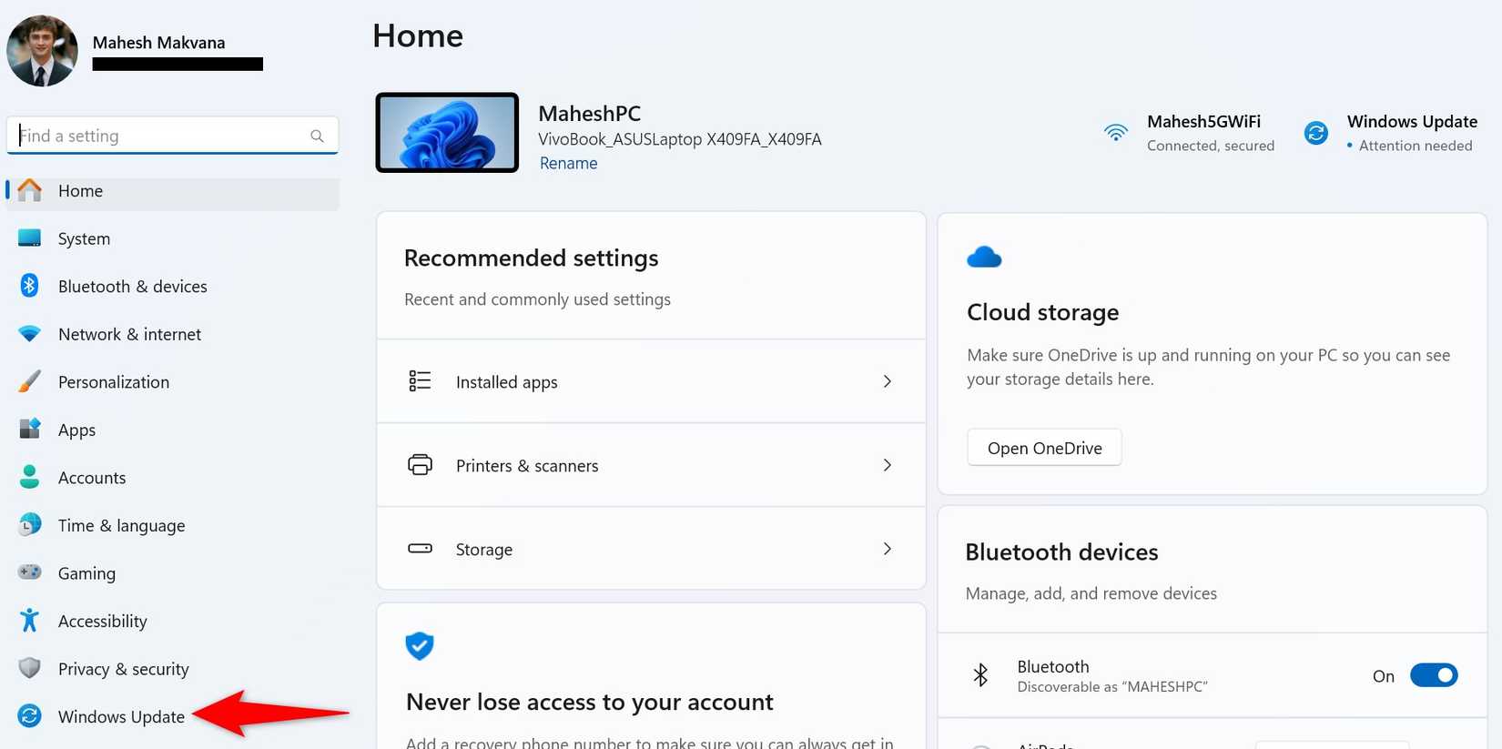 ‘Windows Update’ destacado em Configurações.