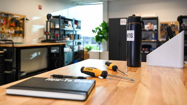 HTG water bottle on workbench.