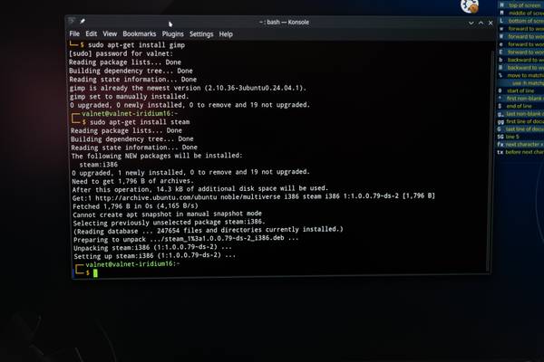 Installing packages in a Linux terminal on the Kubuntu Focus Ir16 (Gen 2) laptop.