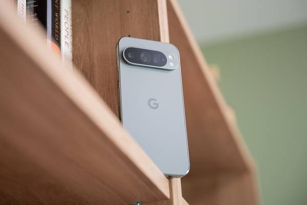 Google Pixel 9 Pro leaning on a shelf