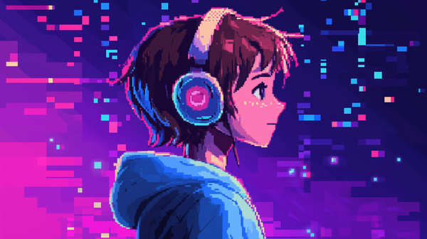 A cartoon of a fantasy video game character listening to music with headphones pixel art style