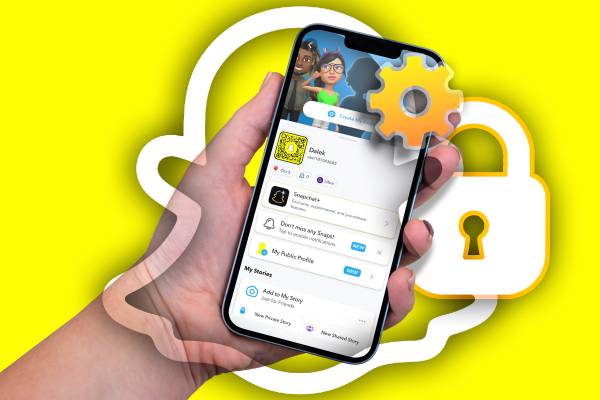 A hand holding a phone displaying the Snapchat profile screen with a settings gear, and a padlock in the background.