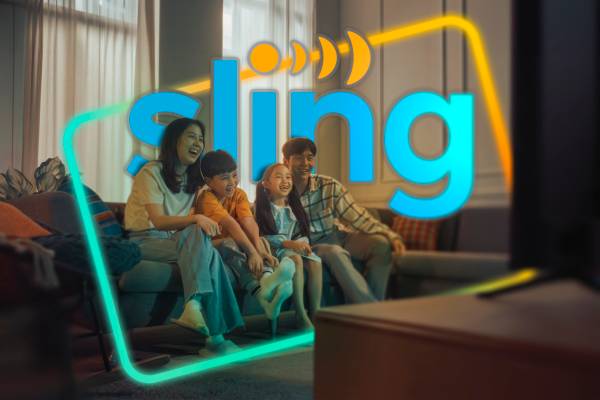 A happy family watching TV with the Sling TV logo in the center.