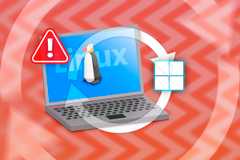 A laptop with Linux, the Windows logo next to it, a swap icon in the center, and a warning sign.