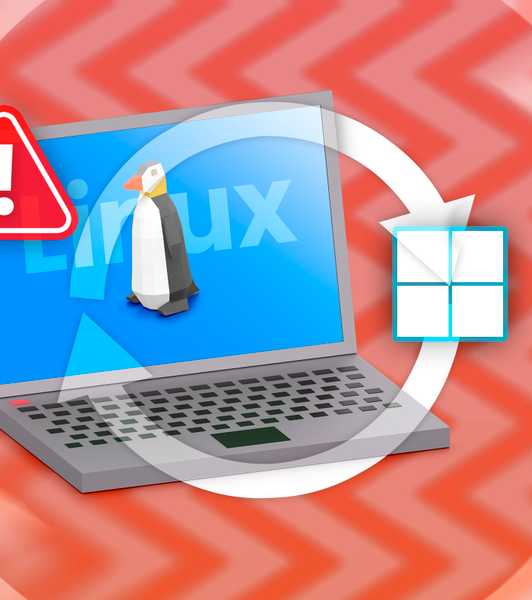 A laptop with Linux, the Windows logo next to it, a swap icon in the center, and a warning sign.