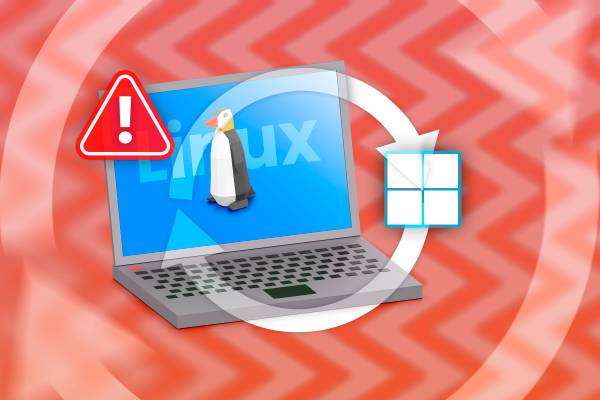 A laptop with Linux, the Windows logo next to it, a swap icon in the center, and a warning sign.