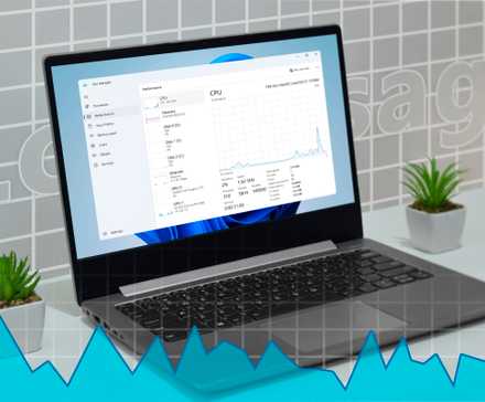 На ноутбуке открыт Диспетчер задач Windows 11 с графиком низкой загрузки ресурсов.