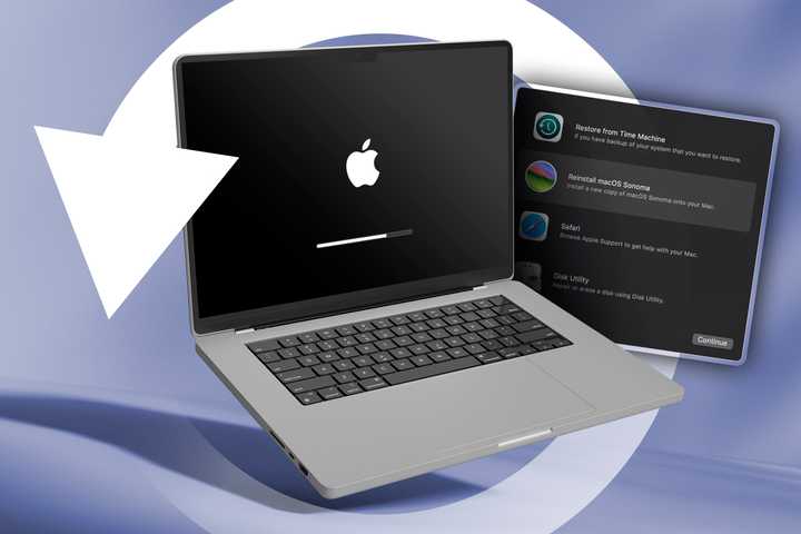 A MacBook surrounded by the restore icon and the recovery window next to it.