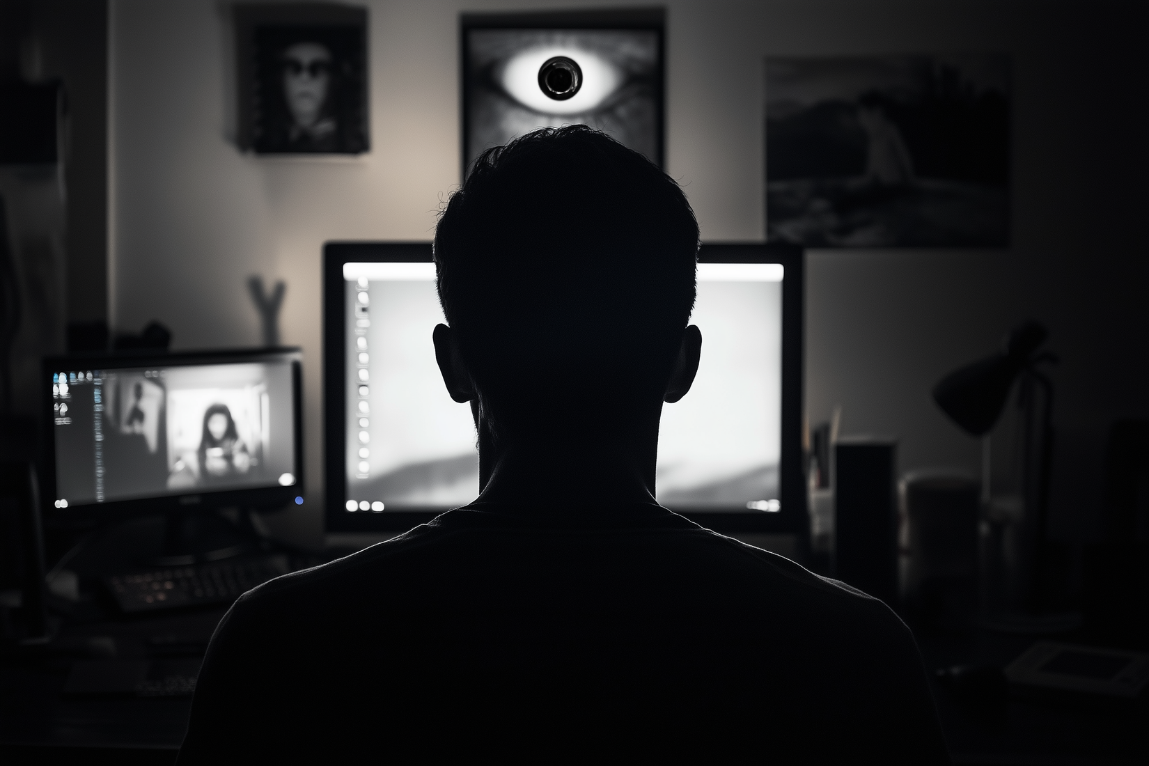 Um homem é espionado por seu computador.