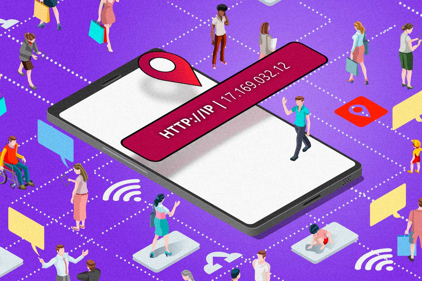 A phone with an IP address and several people around it.