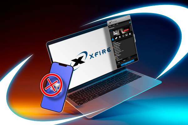 A phone with the Discord logo and an 'X' over it, alongside a laptop with the Xfire logo.