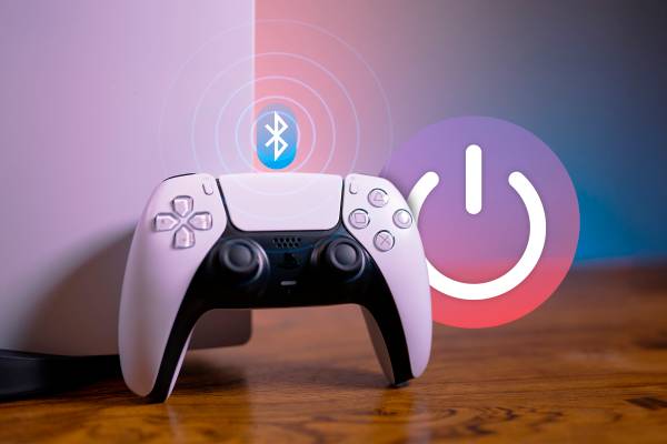 A PlayStation 5 controller with a power-off symbol next to it and a Bluetooth icon.