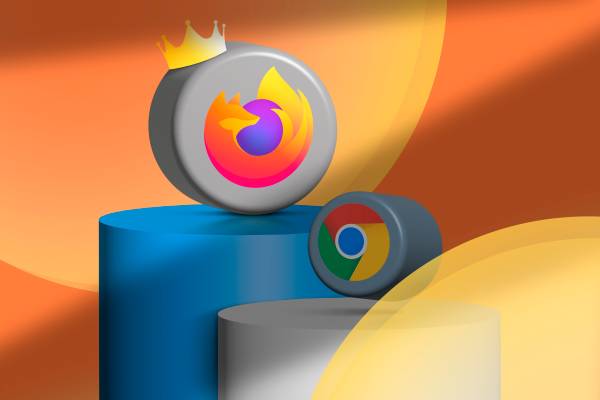 A podium with the Firefox and Chrome icons, and Firefox wearing a crown.