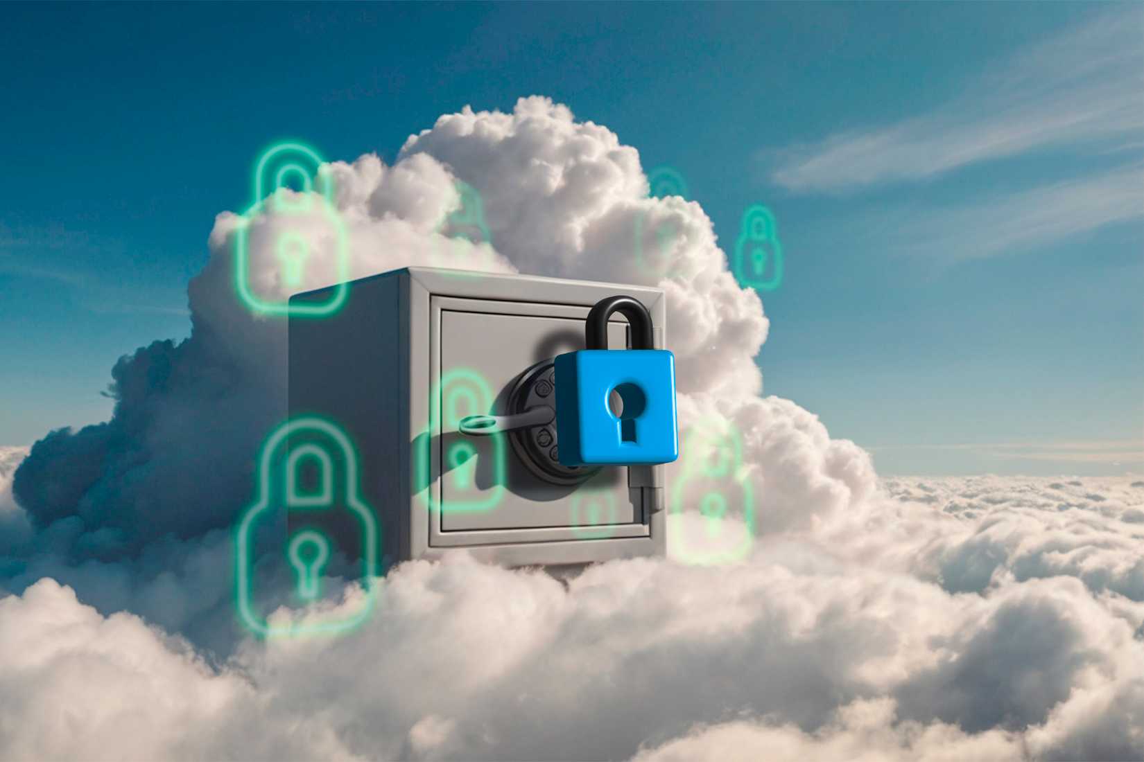Um cofre nas nuvens com um cadeado na frente.