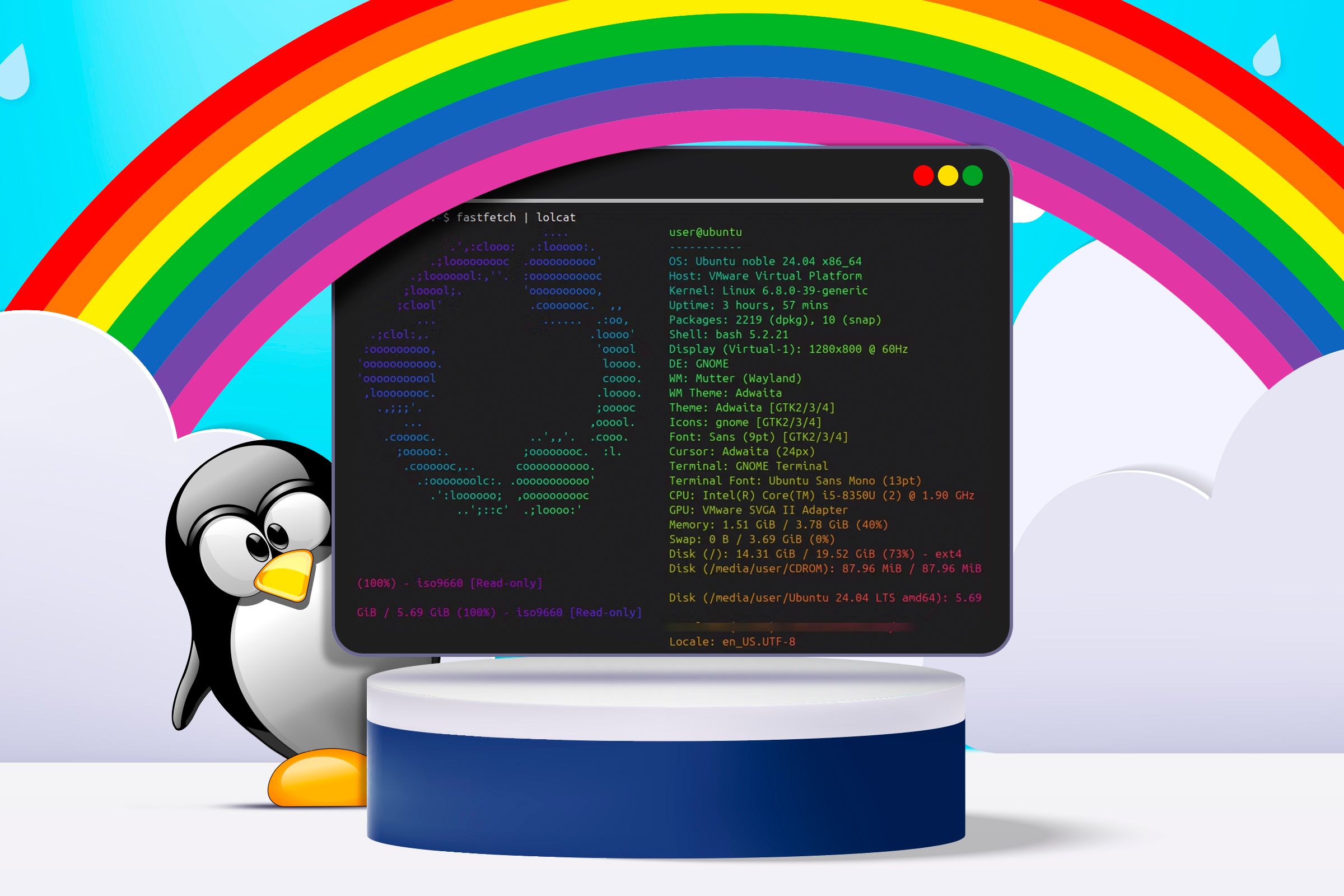 Uma cena com nuvens e um arco-íris, apresentando um terminal Linux em um pódio com Tux atrás dele.