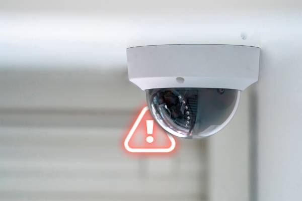 A security camera with an alert icon next to it.