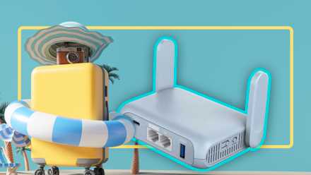 A travel suitcase with some travel accessories and a router next to it.