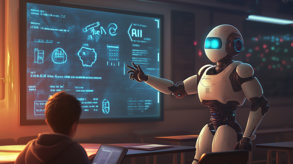 AI Robot taking a class and teaching a human boy.