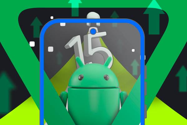 Android 15 logo with an illustration of a smartphone featuring the Bugdroid.