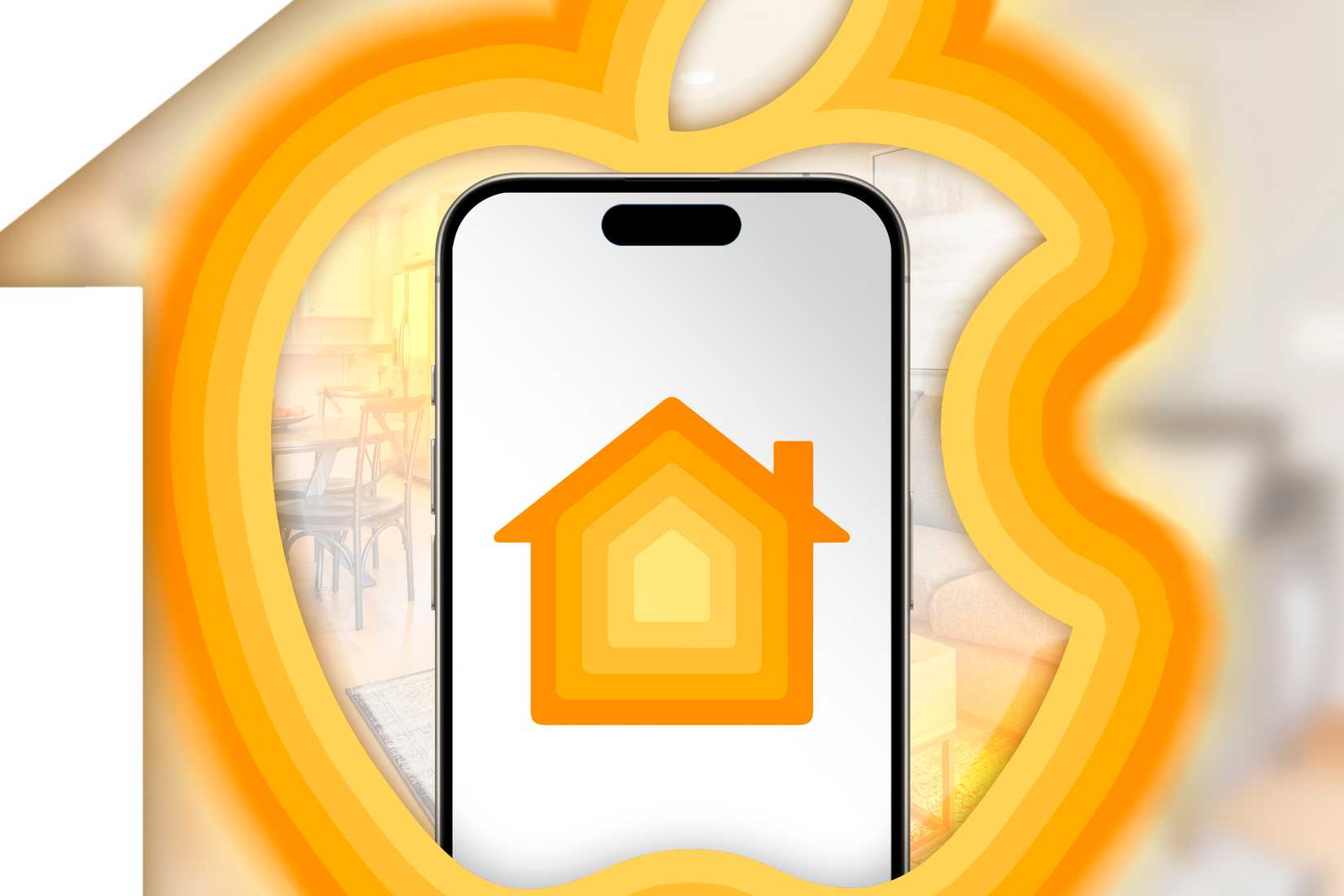 Logotipo de Apple del que emerge un iPhone y el icono de Apple HomeKit.