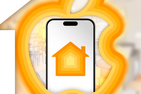 Apple logo with an iPhone emerging from it and the Apple HomeKit icon.