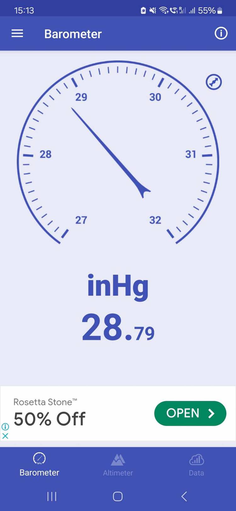 A barometer application displaying an atmospheric pressure of 28.79 inHg on a smartphone.