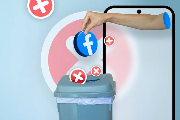 Hands coming out of a phone screen throwing Facebook into the trash, with several 'x' icons around.