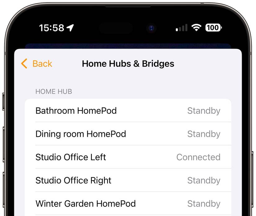 Apple Home app Hubs & Bridges screenshot