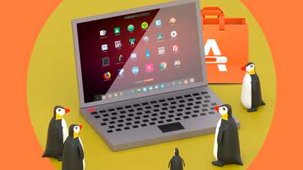 Illustration of a laptop with Linux apps and some penguins looking at the screen.