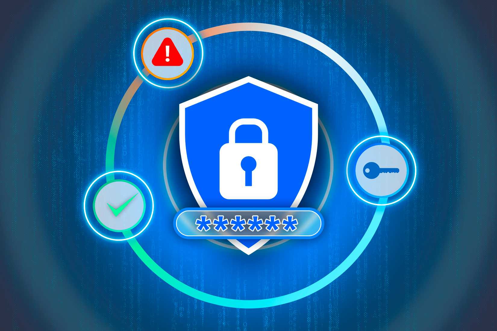 Ilustração de um escudo com um cadeado no centro e uma senha.