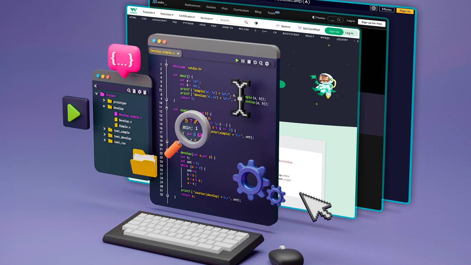 Illustration of an IDE with multiple lines of code and some websites in the background.
