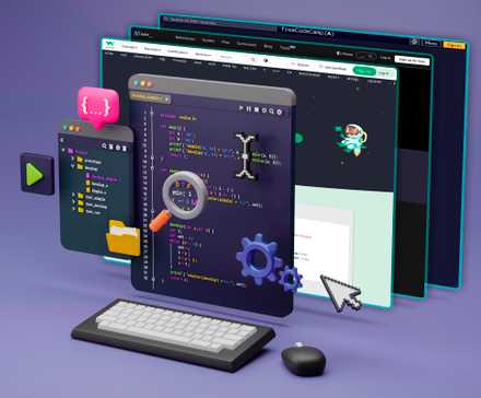 Illustration of an IDE with multiple lines of code and some websites in the background.
