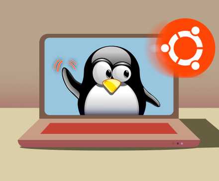 Laptop with Tux waving to the Ubuntu logo.