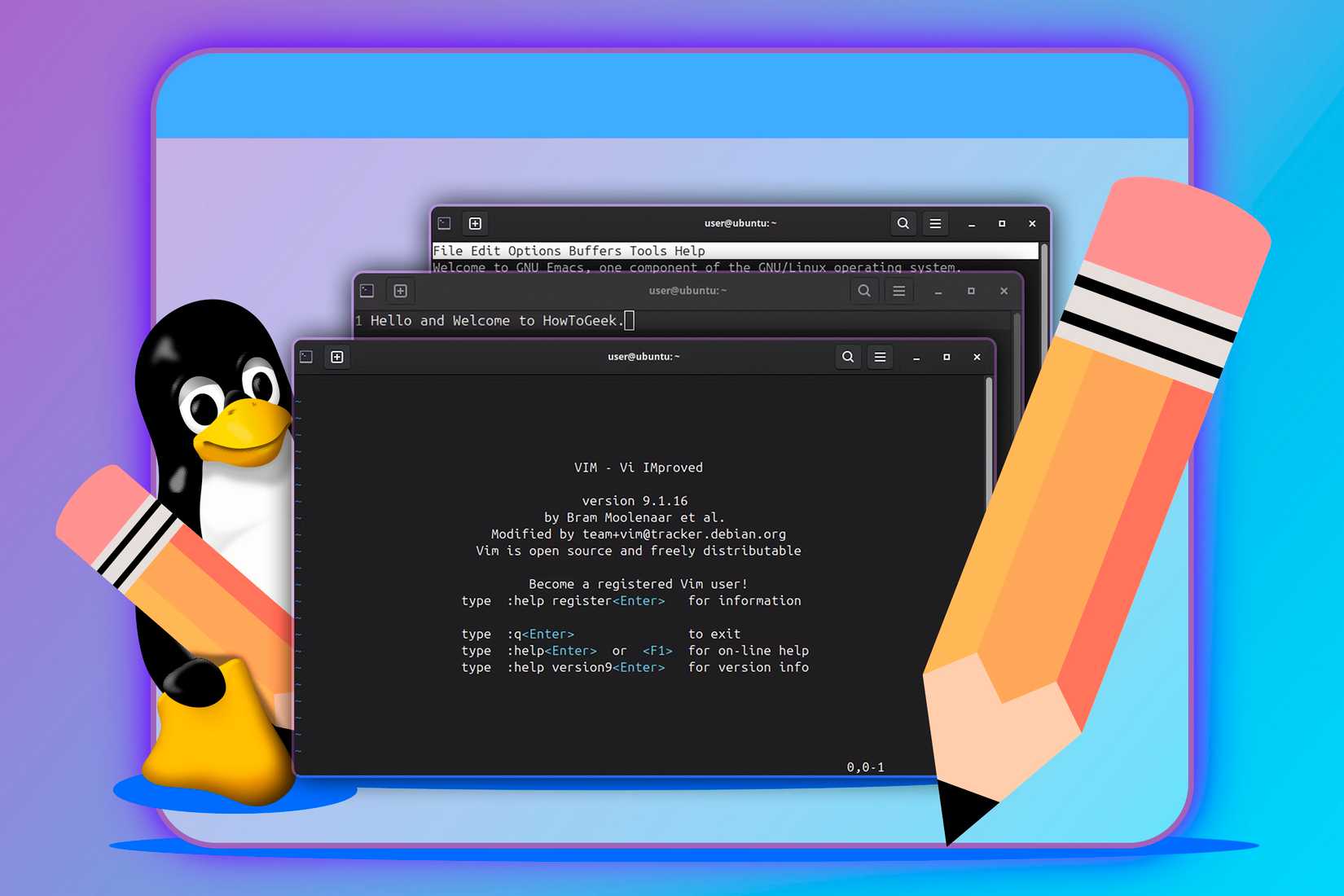 Linux mascot behind three text editors with a pencil in front.