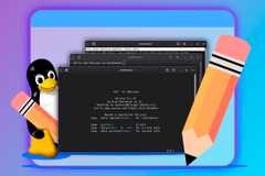 Linux mascot behind three text editors with a pencil in front.