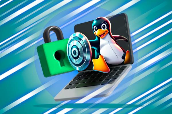 Linux mascot emerging from a laptop, holding a shield, with a padlock beside him.