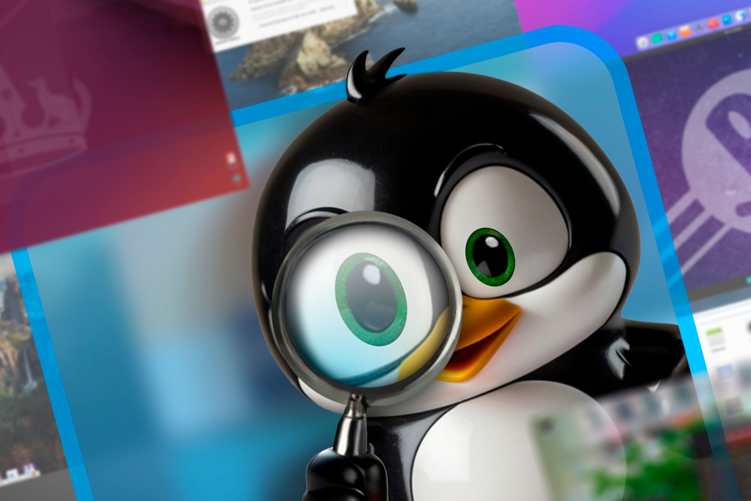 Mascote do Linux com uma lupa. 