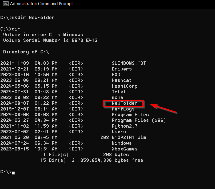 Пример команды mkdir для создания новой папки.