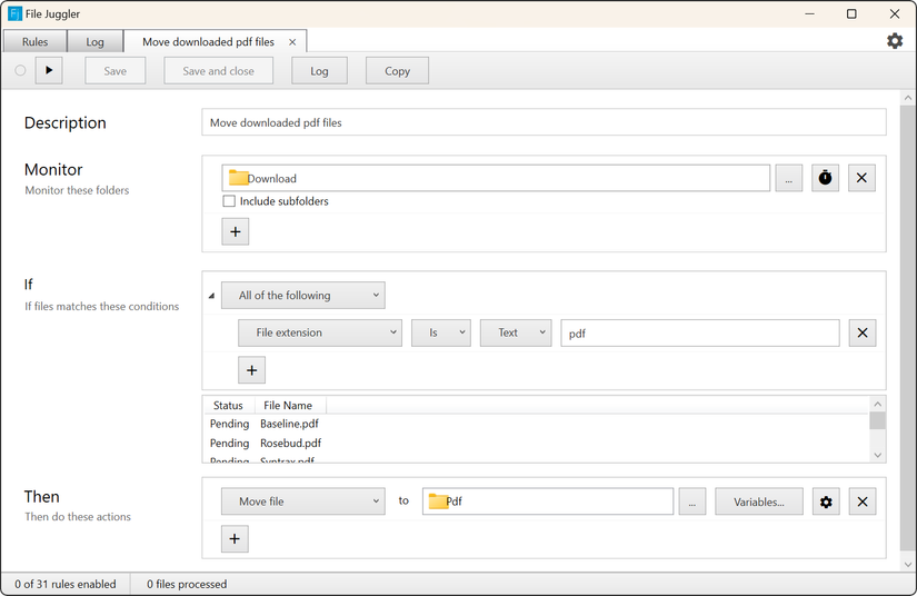 Configuring file sorting automation in File Juggler.