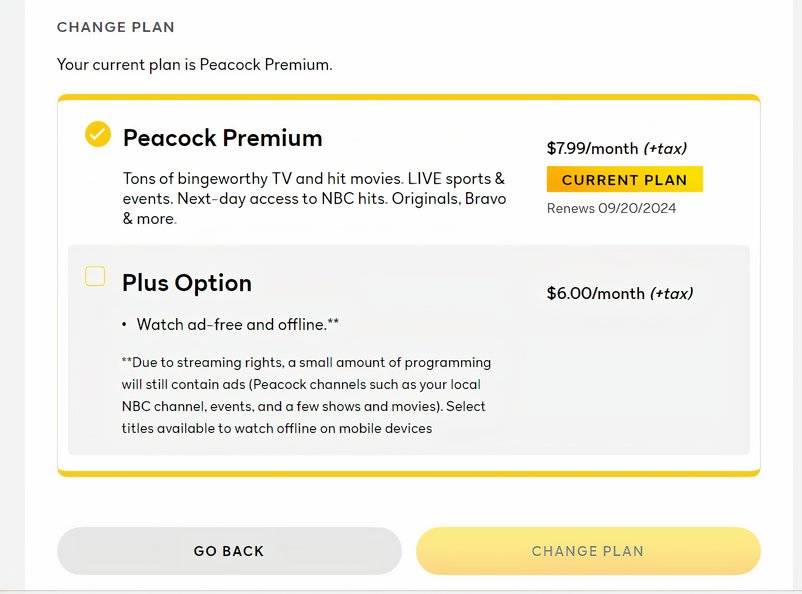 Peacock change plan screen.