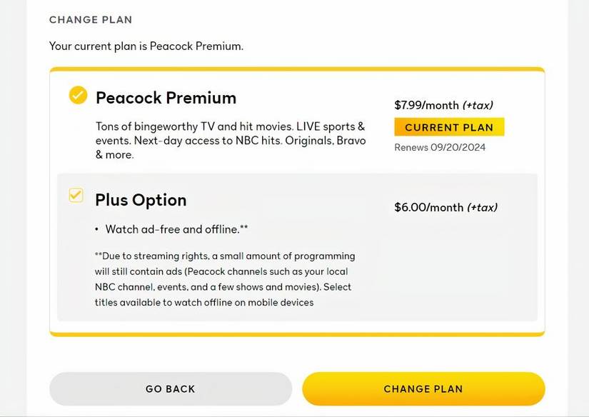 Peacock upgrade plan confirm.