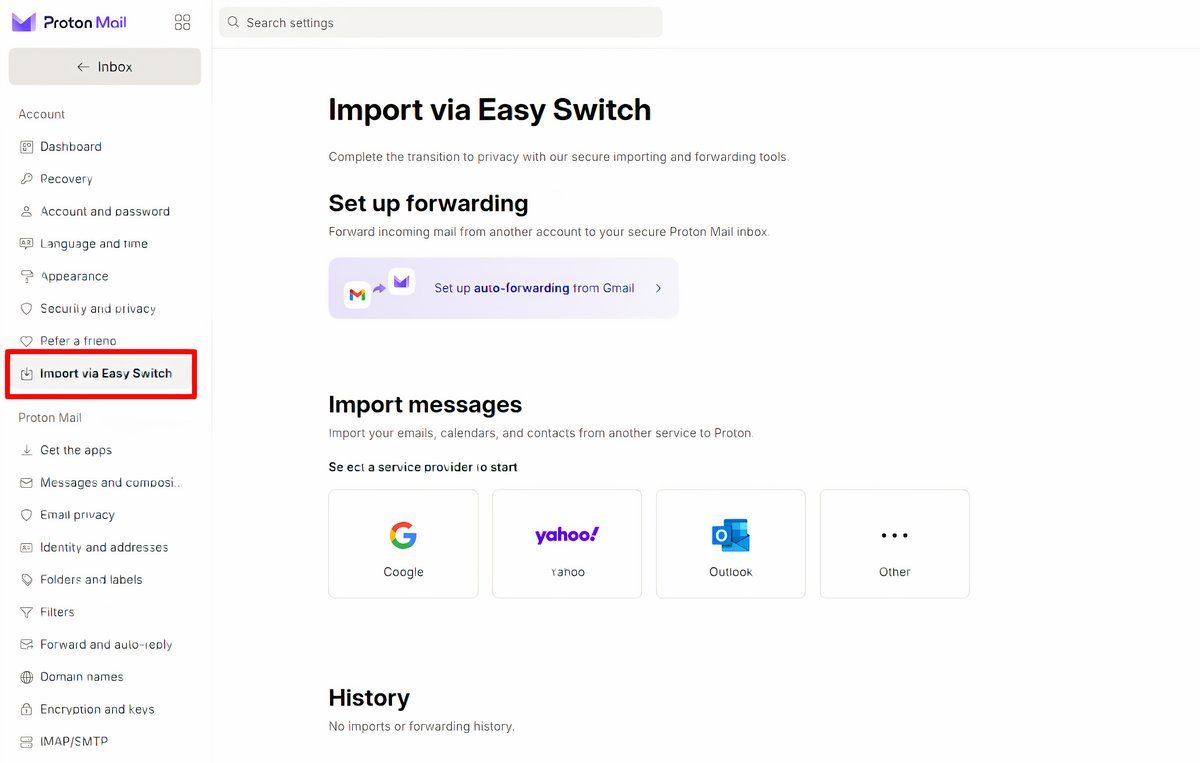 Proton Mail Easy Switch panel