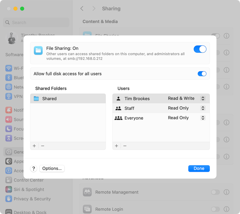 Configuring file sharing on a Mac in macOS Sonoma.