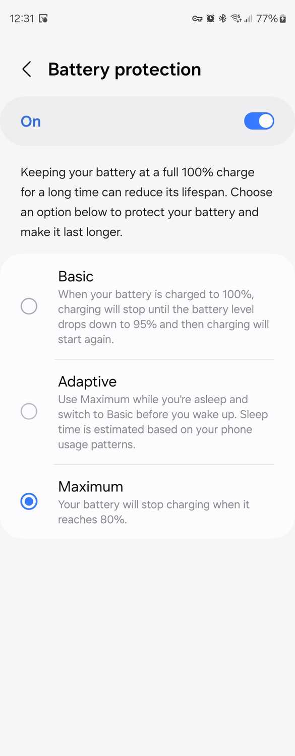 Battery protection options on a Samsung Galaxy Z Fold 5.