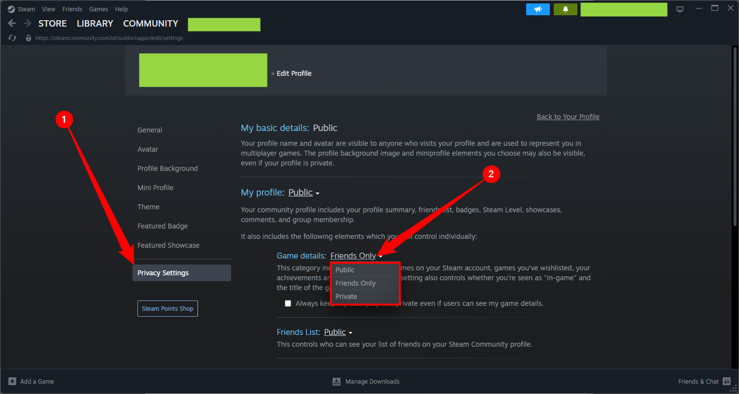 How To Hide The Games You Re Playing On Steam Select Privacy Settings On The Left Click The Drop Down Menu Next To Game Details Then Select Public Friends Only Or Private 