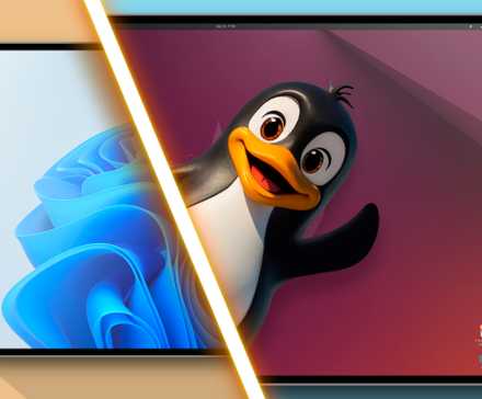 Split-screen with Windows 11 on the left and Linux on the right with Tux
