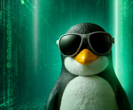 The Linux mascot, Tux, wearing sunglasses against a Matrix-style background.