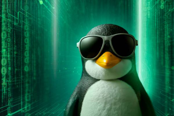 The Linux mascot, Tux, wearing sunglasses against a Matrix-style background.