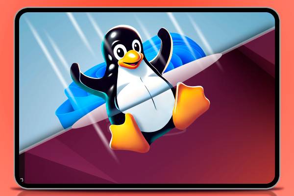 Tux mascot jumping from Windows to Linux.